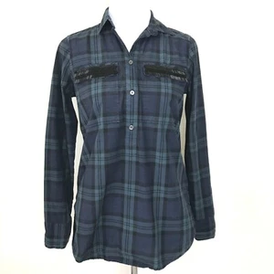 J Crew Popover Top Womens 00 Blackwatch Plaid Shirt Beaded Chevron Green Blue - Picture 1 of 10