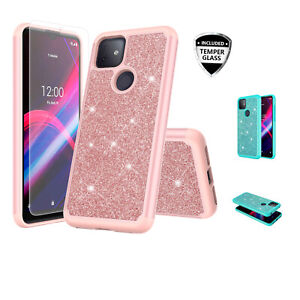 For T-Mobile Revvl 4+ Plus HD Glass Hybrid TPU Bumper Hard Glitter Phone Case
