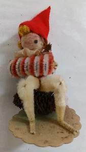 Pixie Elf Pipe Cleaner Chenille Figurine Ornament Vintage Felt Hat Musician 3 in - Picture 1 of 8