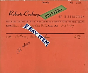 1947 FACTURA a color Fort Worth Texas ROBERTS - IMPRESORAS COCINSEY Printing Company - Imagen 1 de 1