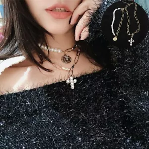 Collar Cadena Gargantilla Perla Boho Grueso Oro Cruz Colgante 2 piezas/juego Moneda Perla - Imagen 1 de 10