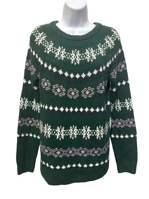 Suéter Sonoma Mujer Pequeño Verde Blanco Invierno Arte Tejido Suave Difuso Copos de Nieve Foto 1 de 4