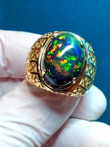 Yellow Gold Plated 7.25Ct Original Black Fire Opal Gemstone Handmade Men Ring - Picture 1 of 7