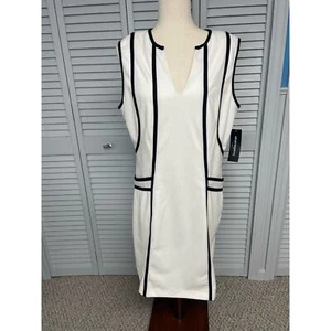 Sharagano ivory stretch sleeveless career dress with black trim fully lined 14 - Picture 1 of 7
