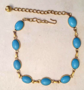 Longcraft ? Faux Turquoise Cabochon High Collar NECKLACE 14" Gold Tone Choker - Picture 1 of 5
