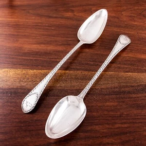 2 EARLY RARE ABRAHAM DUBOIS AMERICAN COIN SILVER BIRDBACK PLATTER SPOONS 1790S - Picture 1 of 5