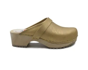 NEW AM-Toffeln Swedish Clogs Gold Leather Wooden Footbed Sz US 7 EU 37 - Picture 1 of 8