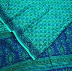 Vintage Blue Saree Pure Silk Printed Indian Sari 5yd Sewing Fabric Floral Soft