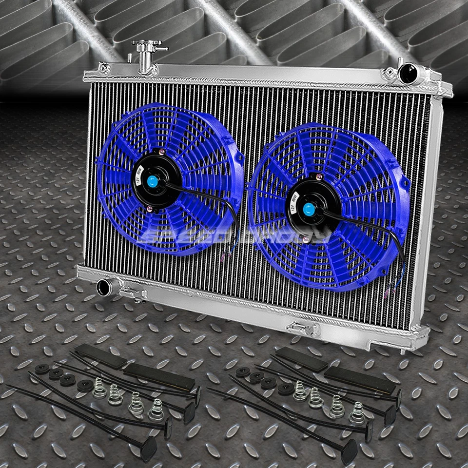 RADIADOR ALUMINIO 2 FILAS + VENTILADOR 2X 12" AZUL PARA 03-06 350Z Z33 G35 SKYLINE FAIRLADY Foto 1 de 4
