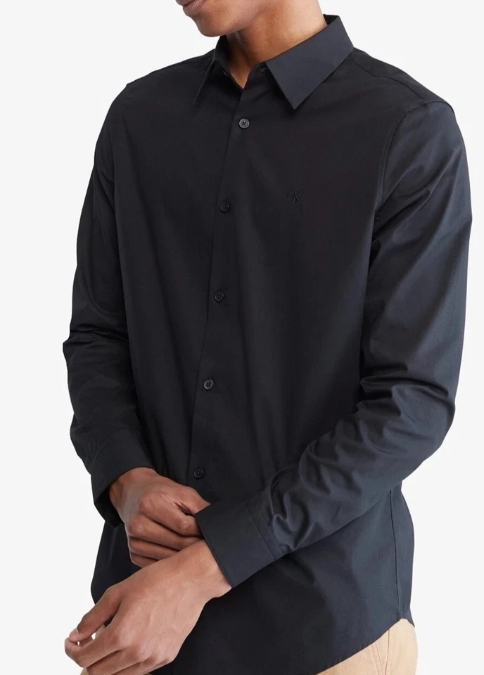 Calvin Klein Men's Stretch Cotton Monogram Logo Button Down Shirt Black Large