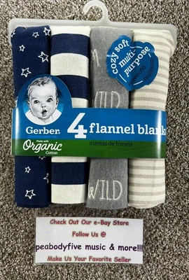 Gerber Mantas de Franela de Algodón Orgánico Estrellas y Rayas, Wild Baby Paquete de 4 ¡NUEVO! Foto 1 de 4