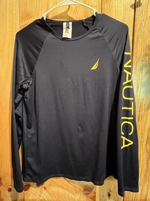 Camisa de Natación Nautica Azul Marino y Amarillo Gráfico Estándar Manga Larga Rashguard Talla M Foto 1 de 4