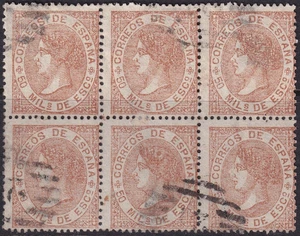 Spain 1867 Sc 97 España Ed 96 block of 6 used parilla cancels - Bild 1 von 1