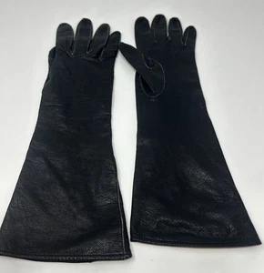 Vintage French Kid Leather Gloves Silk Lined Black Long Gauntlet Sz 7–7.5 - Picture 1 of 9