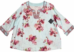 John Mark Plus Size 2X Ice Blue Floral Embroidered Beaded 3/4 Sleeve Tunic Top - Picture 1 of 14