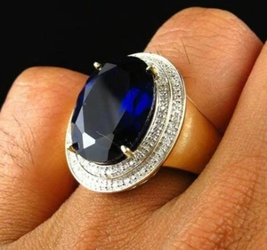 2.8 ct Oval Sapphire Simulated Men's Dual Halo Ring Silver Yellow Gold Plated - Picture 1 of 9