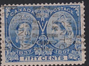 Canada Stamp #60 XX - Queen Victoria Jubilee (1897) 50¢ F-U (PRE-CANCELED) - Picture 1 of 1