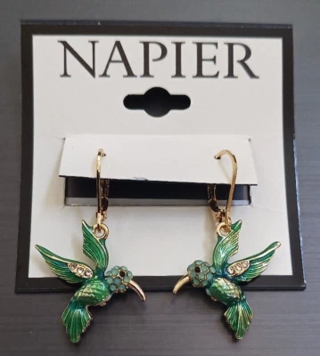 Nuevos Pendientes Napier Tono Dorado Cristal Simulado Colibrí Verde Gota Palanca Foto 1 de 4