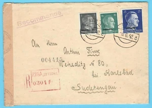 1942 GERMANY LATVIA OSTLAND REGISTERED COVER CANCEL RIGA TO KARLSBAD U. 5651 - Picture 1 of 2