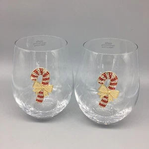 x2 Rhinestone Candy Cane Stemless Wine Glass Set Red Gold Bow Christmas Holidays - Picture 1 of 8