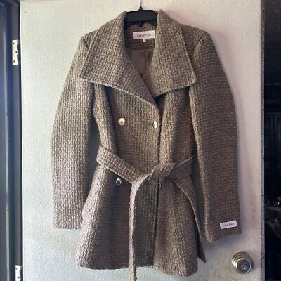 Abrigo para mujer Calvin Klein doble pecho marrón mezcla de lana con cinturón talla pequeña Foto 1 de 4