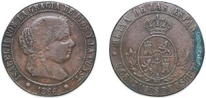 Spain 1868 OM 5 Escudo cents Bronze VF - Picture 1 of 1