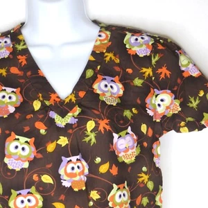 White Cross Small Scrub Top Brown Autumn Owls Medical Nurse Dental Vet Halloween - Picture 1 of 9