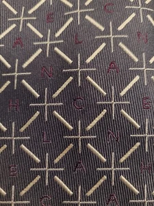CHANEL Tie, Dark Gray w/ Chanel Lettering in Burgundy Separated by Crosshatches - Picture 1 of 6