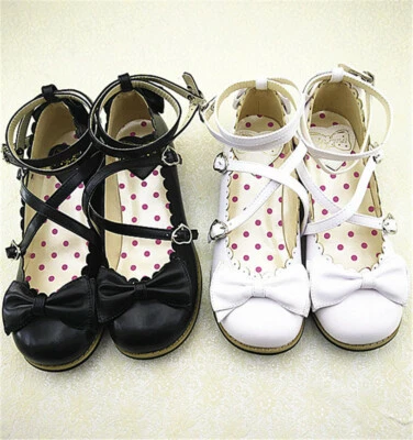 Women Lolita Low-heeled Cross Straps Bow Knot Shoes Japanese Tea Party High Heel - Image 1 of 4