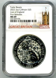 2022 GREAT BRITAIN 2OZ SILVER NGC MS69 QUEEN'S TUDOR BEASTS LION OF ENGLAND * FR - Picture 1 of 2