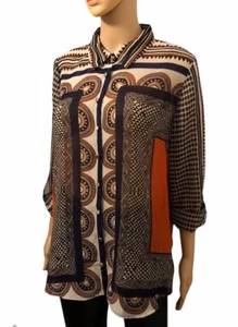 Max Fashion Sheer Brown Orange Long Sleeve Button Down Shirt Blouse Sz 12 - Picture 1 of 15