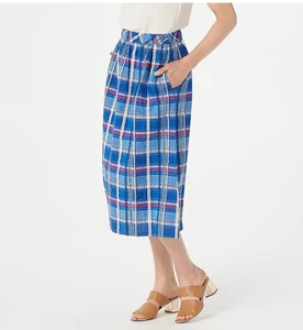 Joan Rivers Classics Collection Madras Plaid Midi Skirt-Blue Multi sz Large NEW - Picture 1 of 1