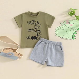 Little Boys Crew Neck Dinosaur Print Tops + Elastic Waist Shorts Toddler Outfits - Picture 1 of 15