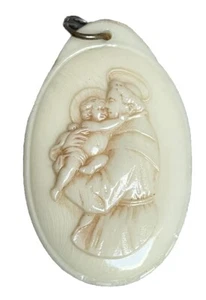 Médaille double face  en os bovin St Antoine & St Joseph & l’Enfant en Relief - Picture 1 of 4