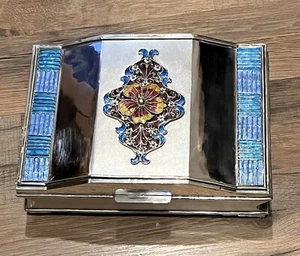 Caja de baratijas de joyería de plata con marca T de colección dorada ornamentada colorida esmalte floral - Imagen 1 de 24