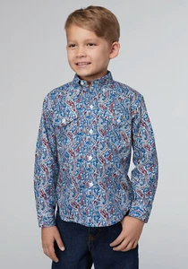 Roper Kids Boys 2024 River Paisley Blue 100% Cotton L/S Shirt - Picture 1 of 4