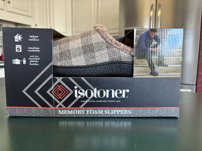 Isotoner 男式经典记忆泡沫舒适连帽拖鞋 L 码烟灰褐色 — 第 1/4 张图片