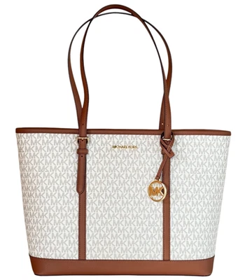 Bolso de Mano Michael Kors Jet Set Viaje Grande Superior Cremallera Hombro MK Vainilla/Marrón Foto 1 de 4