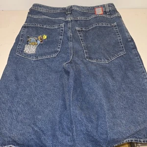 Empyre Shorts Mens 32 Blue Jean Denim Baggy Y2K Wide Leg Skater Jorts Embroidery - Picture 1 of 9