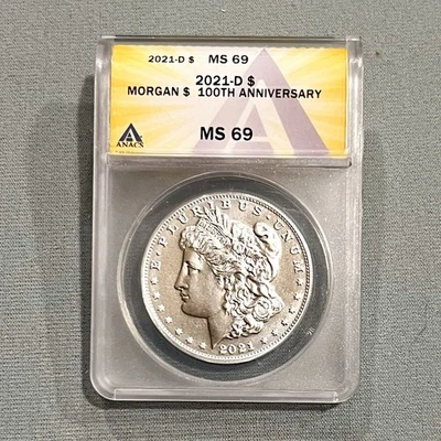 2021 "D" Morgan Silver $1 - MS 69 ANACS - 100th Anniversary ~ with COA & OGP - Image 1 of 3