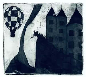 1983 Carol Norman Art Etching Cute Dragons Medieval Castle Hot Air Balloon Moat - Picture 1 of 4