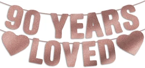 Pre-Strung 90Th Birthday Banner - Rose Gold Glitter, 90Th Birthday Party Decorat - Picture 1 of 12