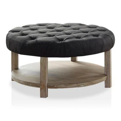 Bowery Hill Wood Tufted Ottoman in Natural and Dark Gray Finish - Image 1 of 4