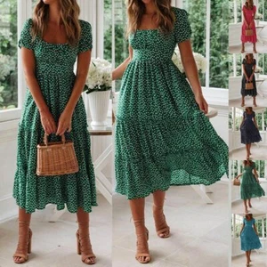 Women's Boho Floral Kaftan Midi Dress Ladies Summer Holiday Beach Swing Sundress - Picture 1 of 29