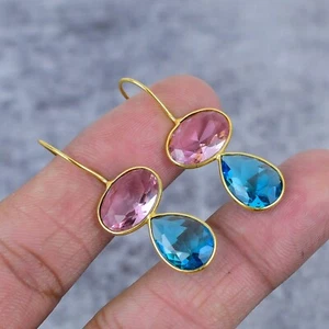 Pink & Blue Topaz Gemstone Handmade 925 Sterling Silver Stud Earring 1.5"