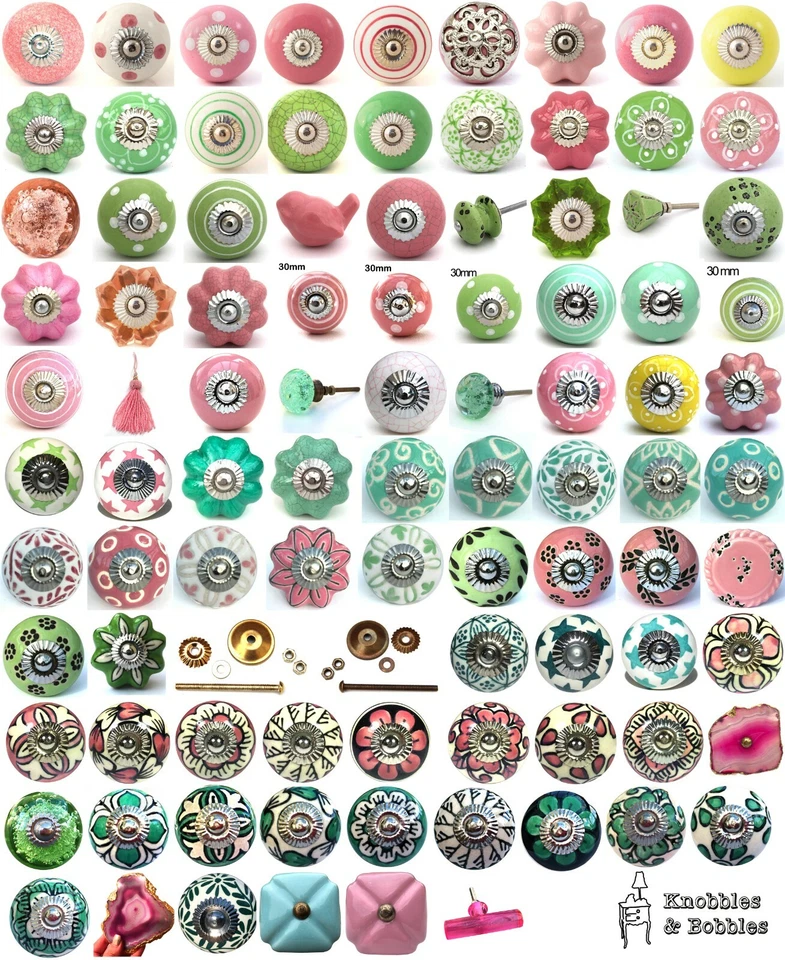 Pink green ceramic knobs drawer pulls cupboard door knobs porcelain china K&B - Image 1 of 1