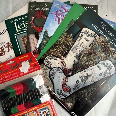 6 Vintage Christmas Cross stitch Needlepoint Pattern Books Magazines Santas - Image 1 of 4