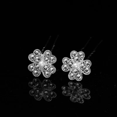 Silver Rhinestone Flower with Mini Pearl Center Bridal Hair Pin - Set Of 2  - Image 1 of 4
