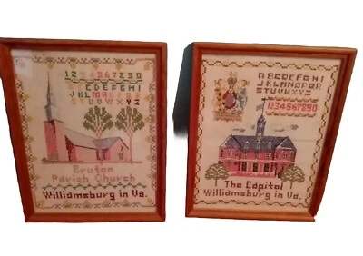 2  Vintage Framed Crewel Embroidery Handmade Historic Williamsburg VA Virginia  - Image 1 of 4