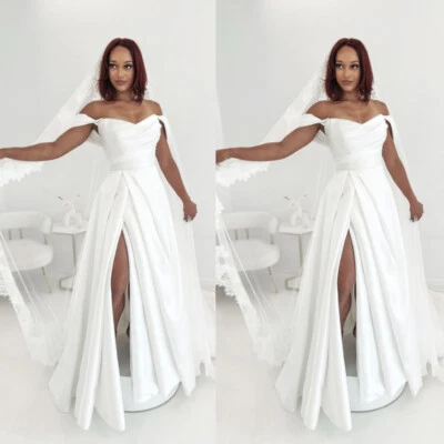 Satin Wedding Dresses With Slit Off the Shoulder Ruching Sweep Train Bridal Gown - Image 1 of 4